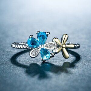 🥰Sweet Double Flower Sea Blue CZ Weave Thin Rings for Women, INDN8074